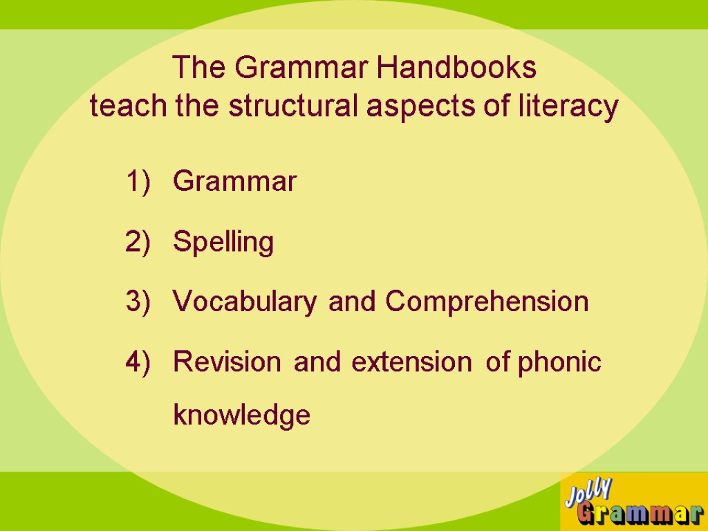 The Grammar Handbooks teach the structural aspects of literacy Grammar Spelling Vocabulary and Comprehension